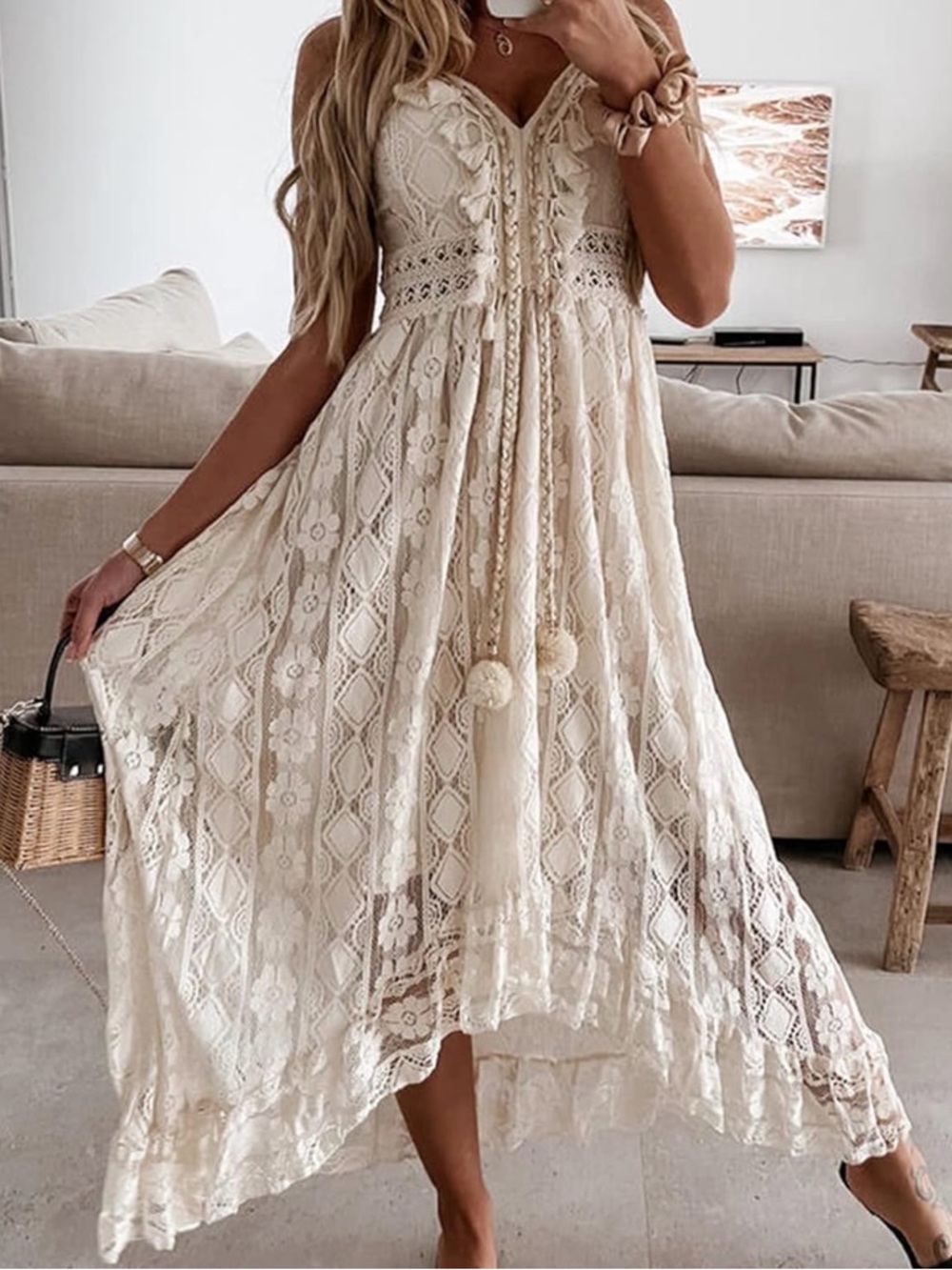 Boho Beige V-Neck White Lace Maxi Dress with Tassel Tie NEW